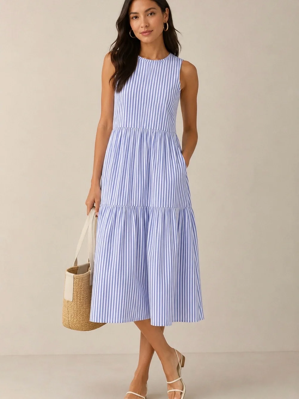 J. Crew Blue and White Striped Sleeveless Midi Dress